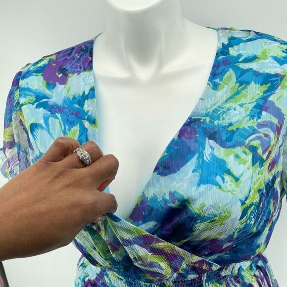 Ashro Lavita Blue Floral V-Neck Dress 1X 16/18 Smocked Waist Short Sleeve - Picture 9 of 16